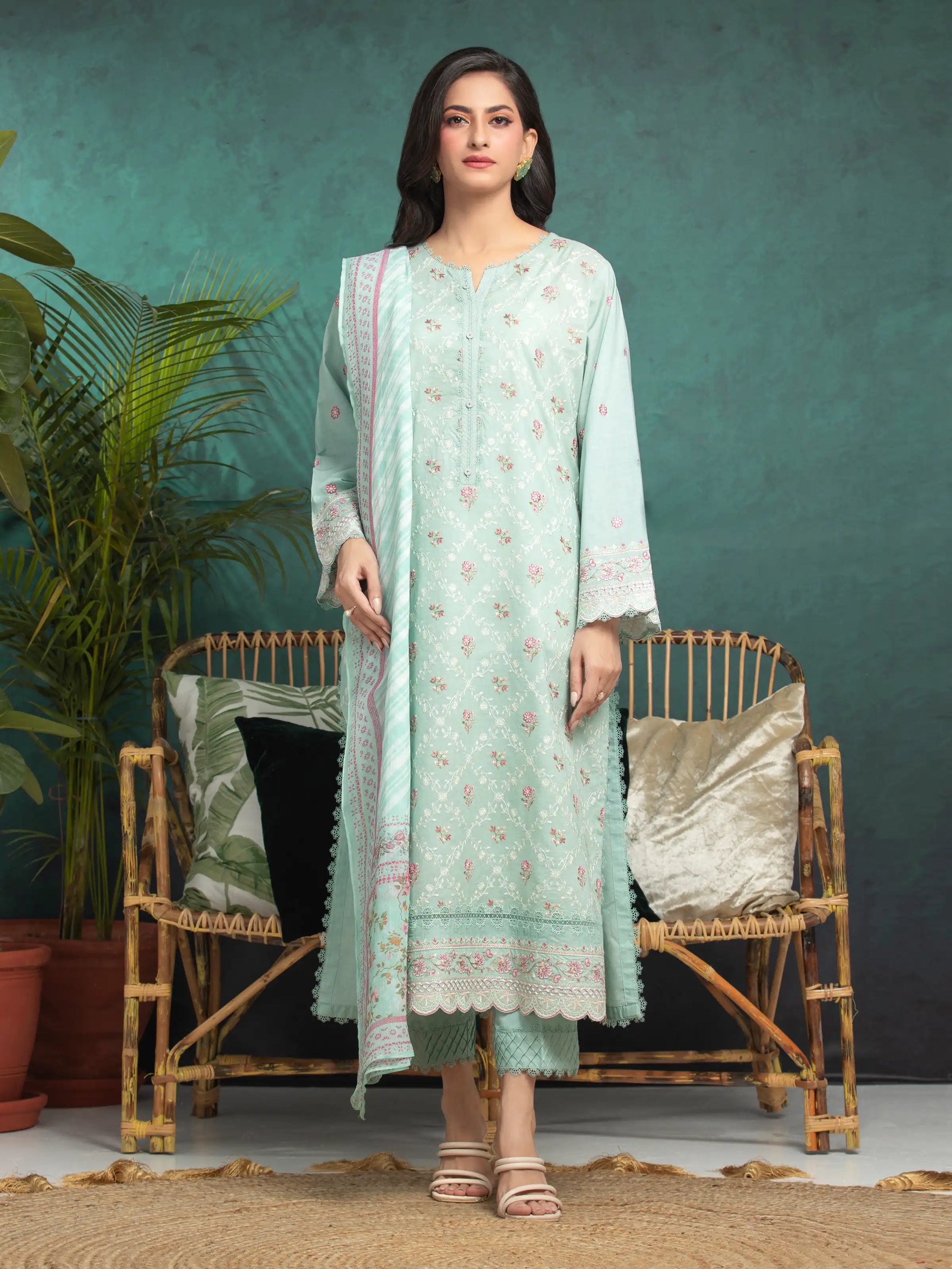 Unstitched Green Mist Embroidered Cambric 3 Piece - EWU24V2-31015-3P