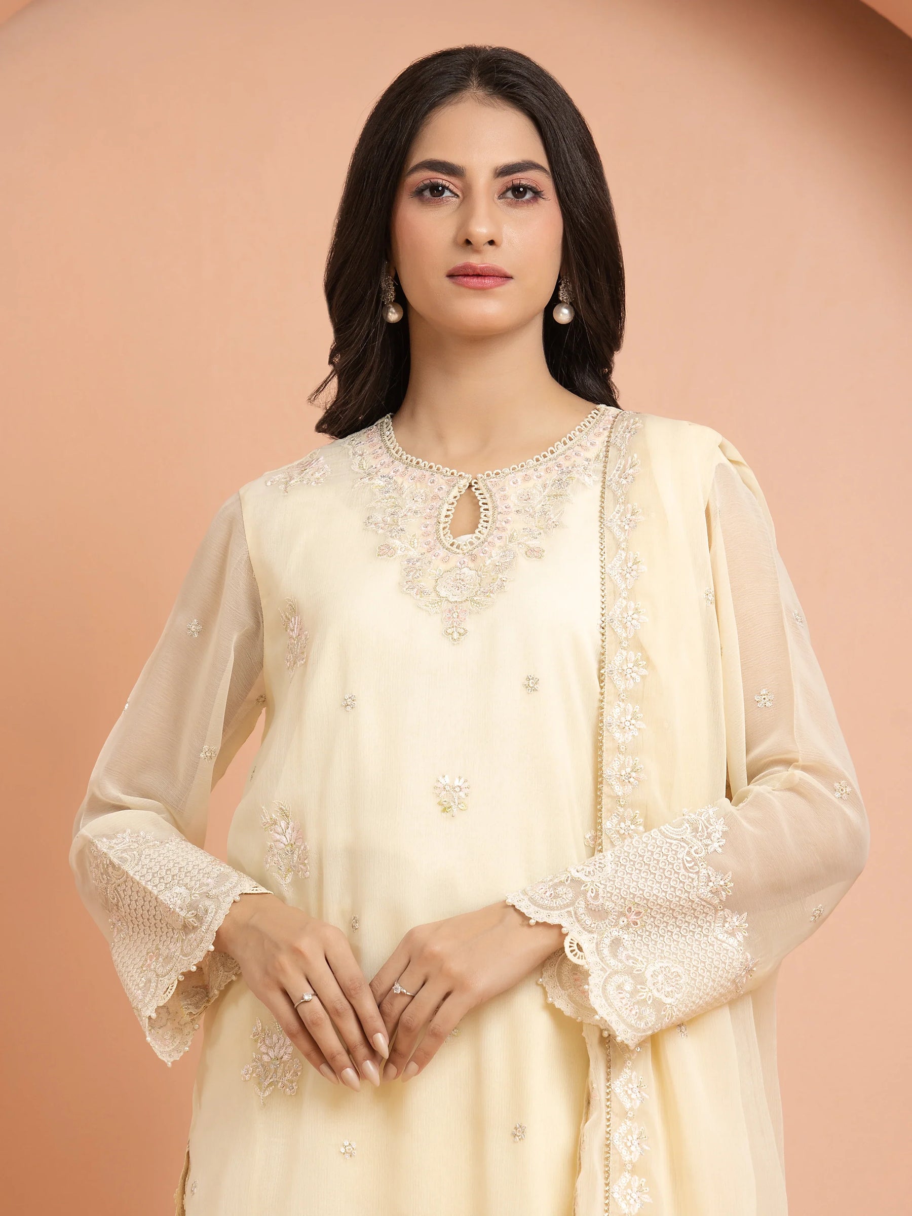 Unstitched Cream Embroidered Chiffon 3 Piece - EWU24V5-30323-3P