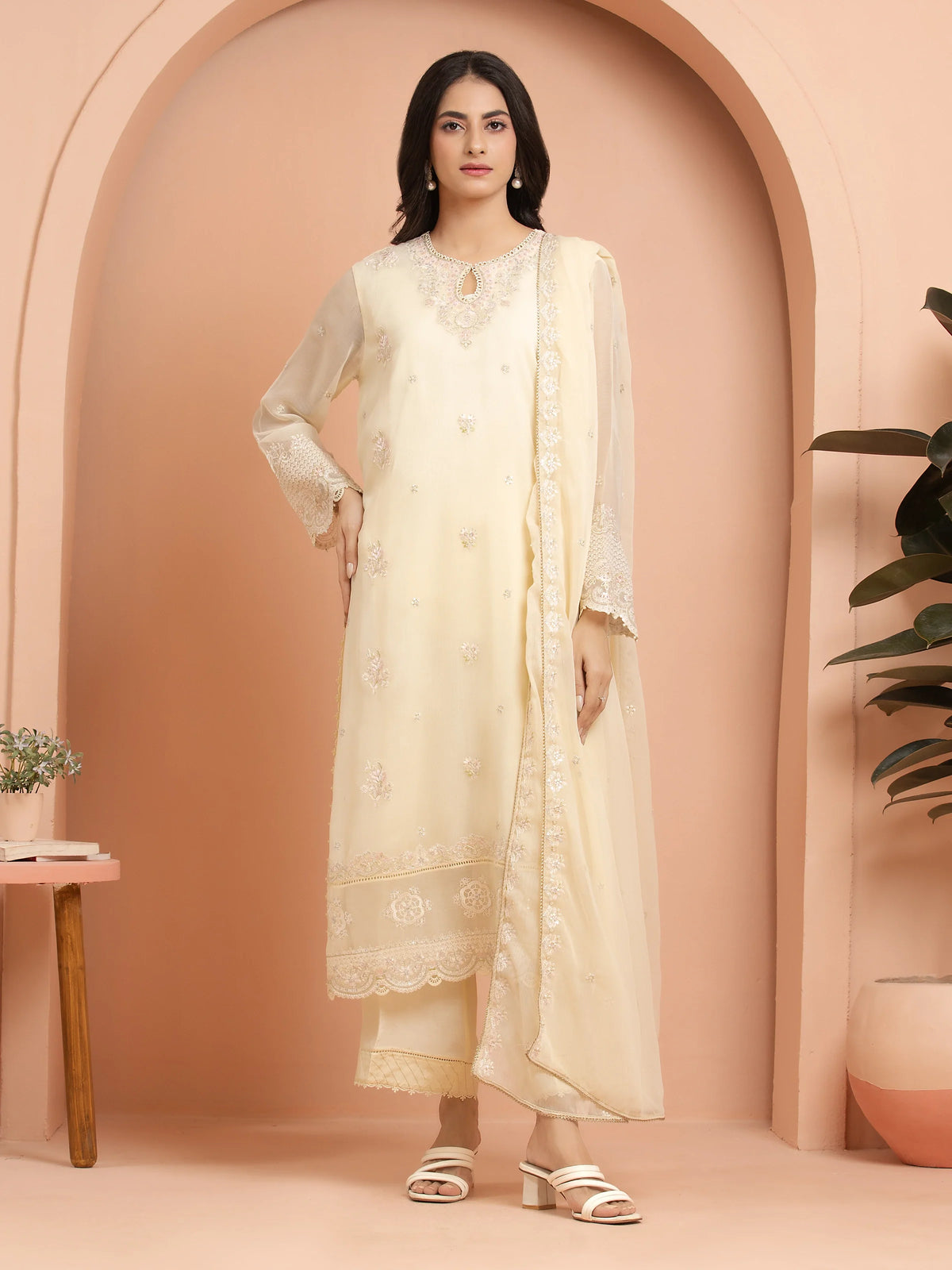 Unstitched Cream Embroidered Chiffon 3 Piece - EWU24V5-30323-3P