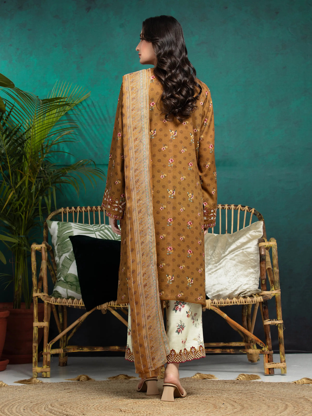 Unstitched Mustard Brown Embroidered Raw Silk 3 Piece - EWU24V16-30374-3P