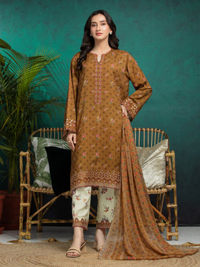 Unstitched Mustard Brown Embroidered Raw Silk 3 Piece - EWU24V16-30374-3P