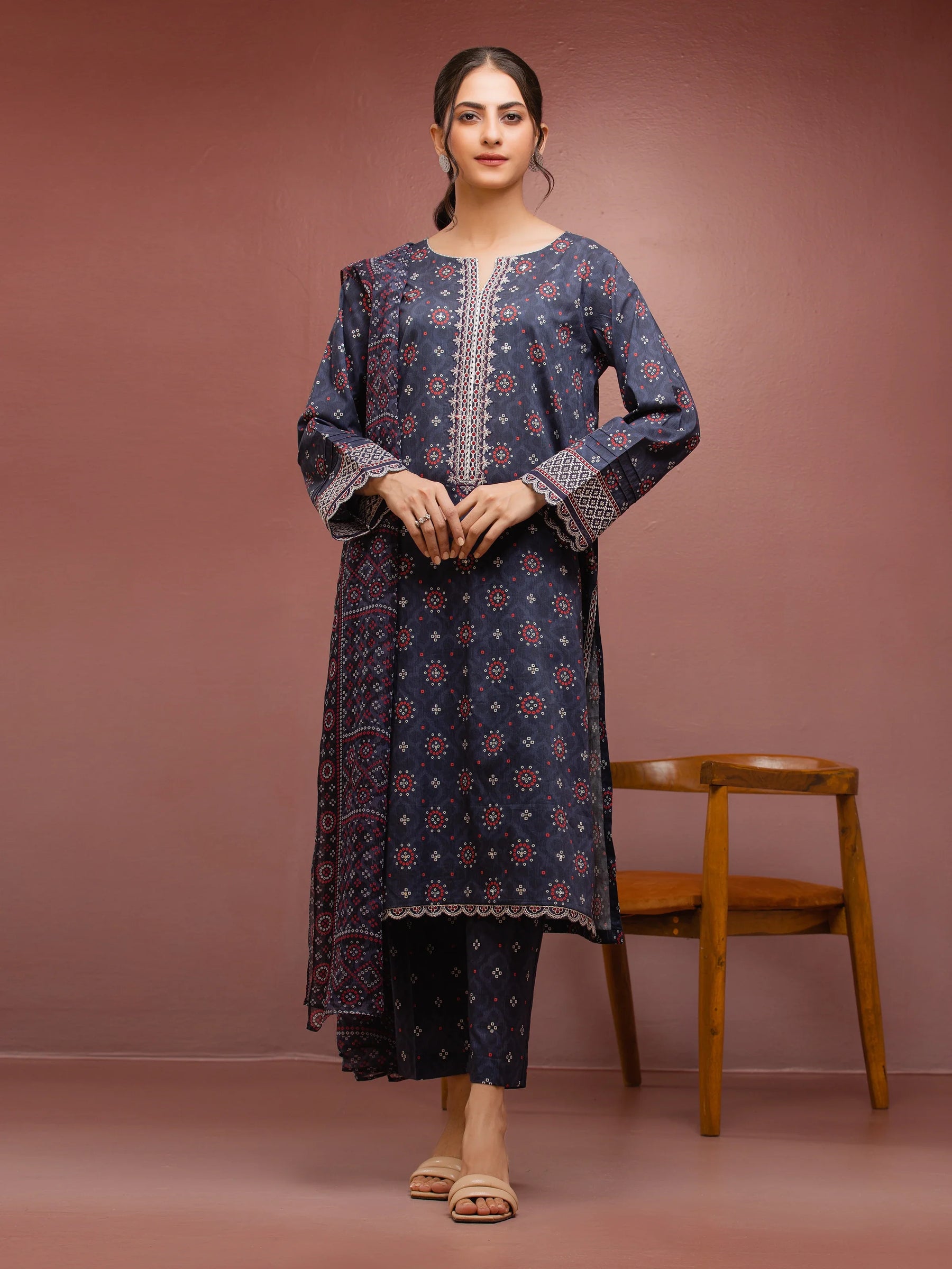 Unstitched Navy Blue Embroidered Cambric 3 Piece - EWU5V2-31043-3P