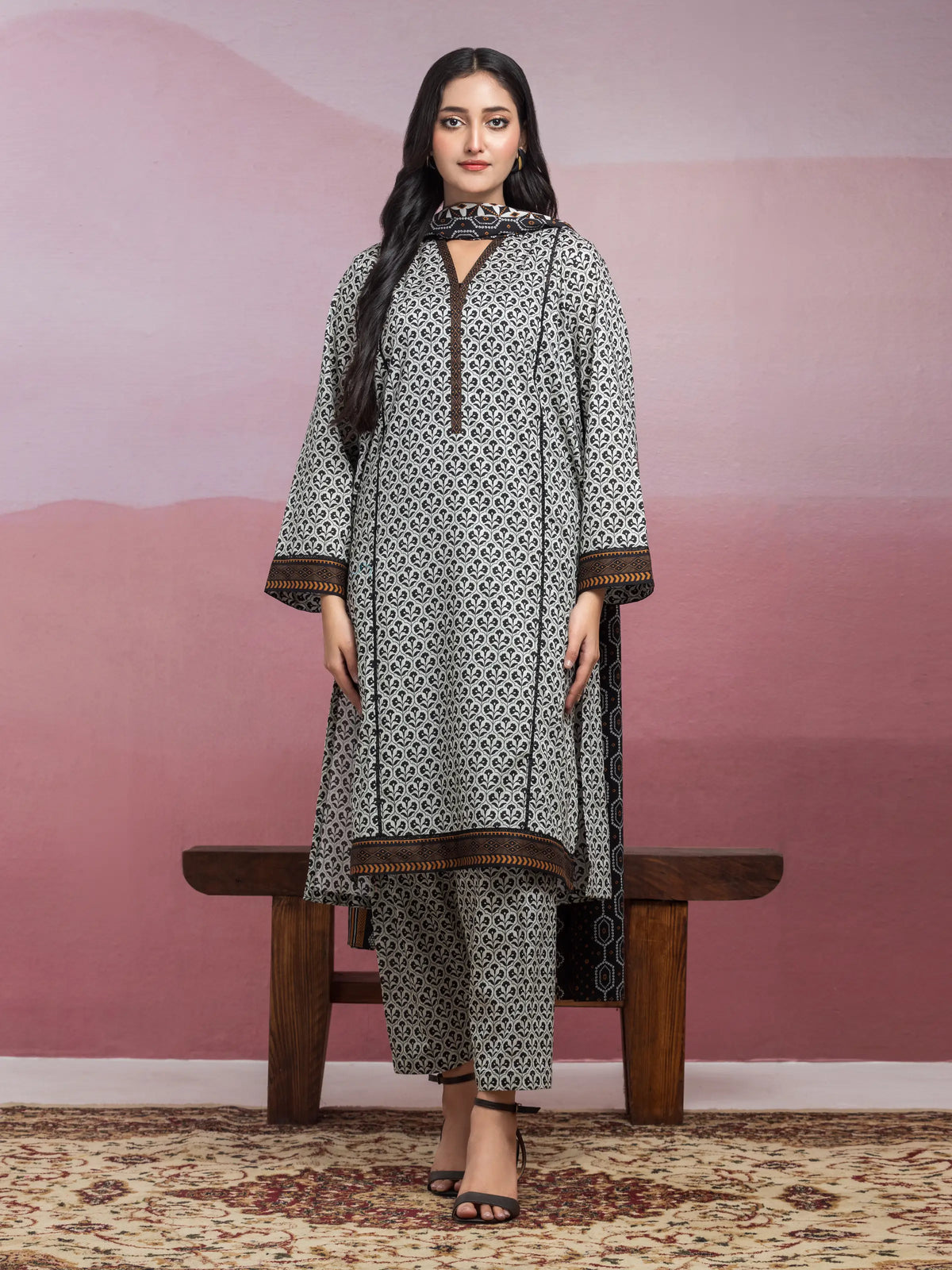 Unstitched Beige & Black Printed Lawn 3 Piece - EWU5A1-35076-3P